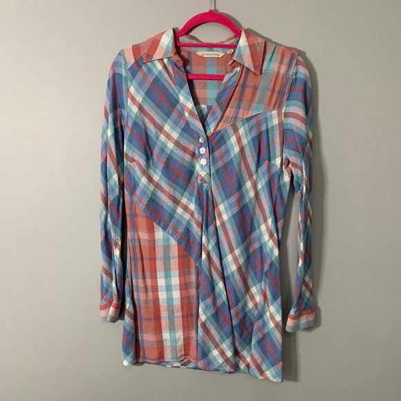 Soft Surroundings picnic plaid long lines tunic v-neck collared button front top - Picture 1 of 9